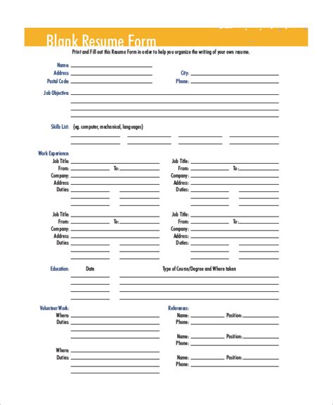 Fill In Blank Printable Resume Worksheet