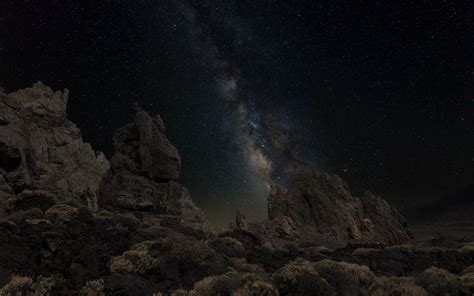 Download Wallpaper 1680x1050 Rocks Milky Way Bushes Night Dark