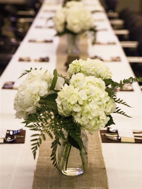 Hydrangeas In Mason Jars Flower Centerpieces Wedding Simple Wedding