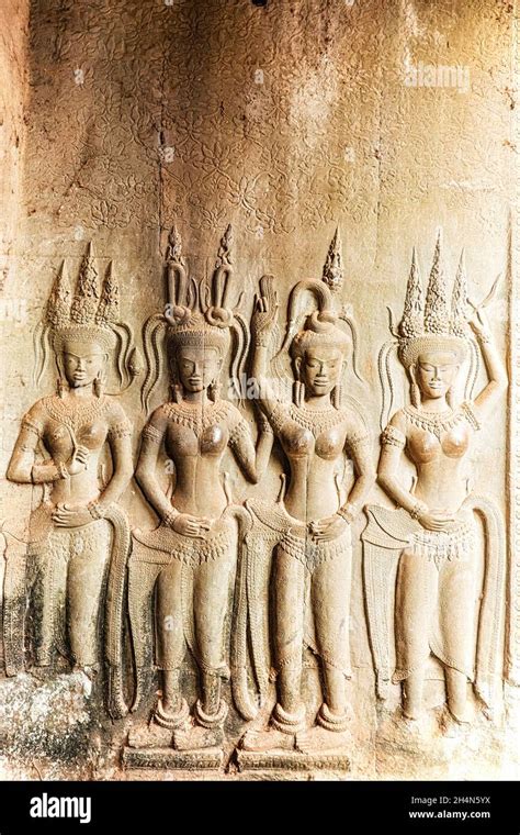 Apsara Sculpture On The Wall Of Angkor Wat Seam Reap Cambodia Stock