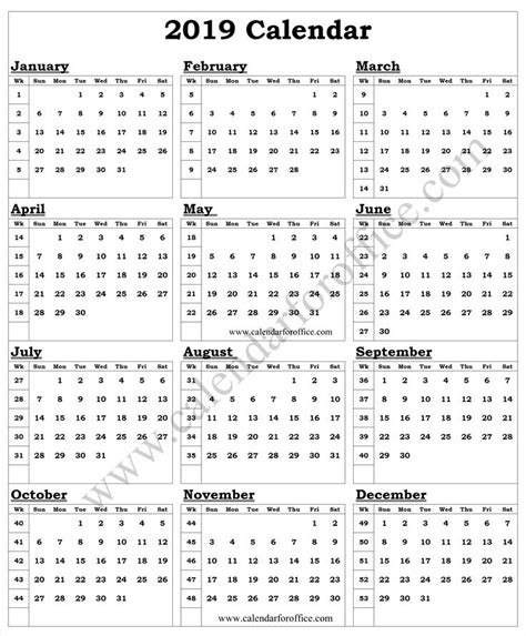 2019 Year Calendar With Week Numbers Calendar With Week Numbers