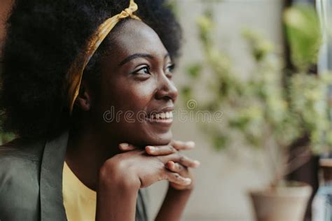 Close Up Portrait Of Happy African Woman Talking On Cellphone Stock