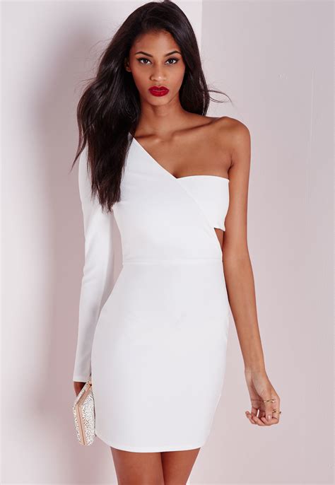 Missguided Crepe One Shoulder Bodycon Dress White In White Lyst