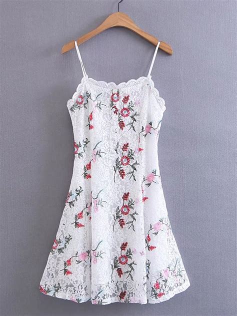 Shop Flower Embroidery Lace Cami Dress Online Shein Offers Flower Embroidery Lace Cami Dress