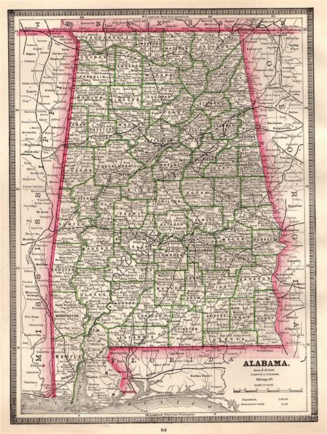 1892 Antique Alabama Map Vintage State Map Of Alabama Gallery Etsy