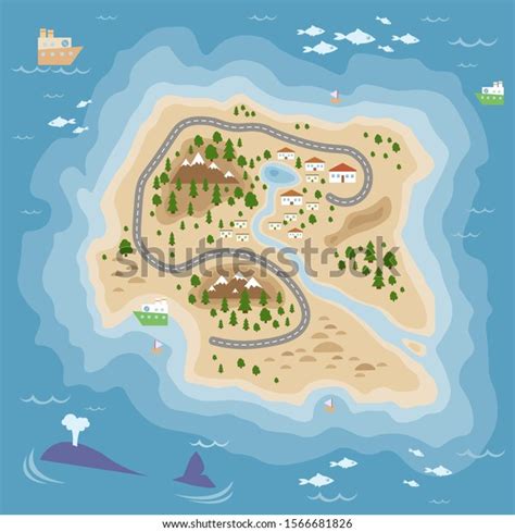 A Vector Illustration Of A Cartoon Map With Isolated Island Houses