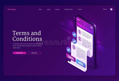 Terms And Conditions Isometric Landing Page Banner Stock Vector