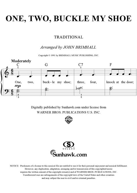 One Two Buckle My Shoe Sheet Music For Easy Pianovocal Sheet