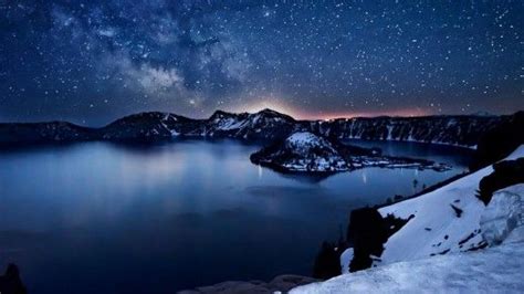Crater Lake At Night Reflecting A Star Lit Sky Crater Lake National
