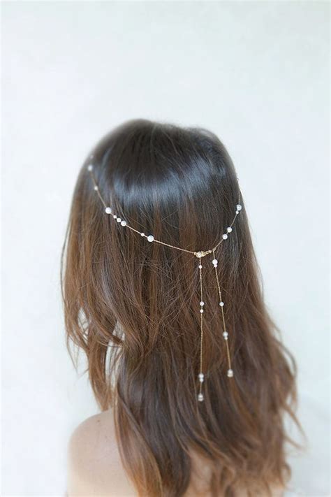 Bridal Hair Chain Pearl Halo Wedding Forehead Headband Gold Etsy