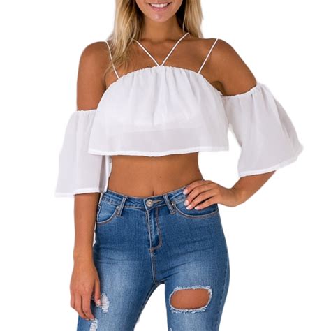 Sexy Fashion Women Loose Crop Top Solid Off Shoulder Backless Strappy