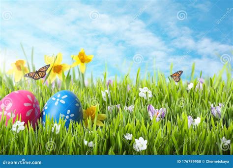 Easter Eggs In Green Grass And Butterflies Against Blue Sky Stock Photo