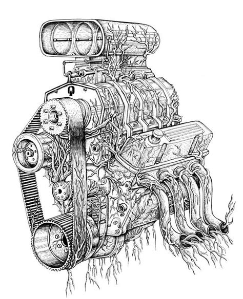 Wonderful Drawing Of A Blower Engine Engine Art Cool Car Drawings