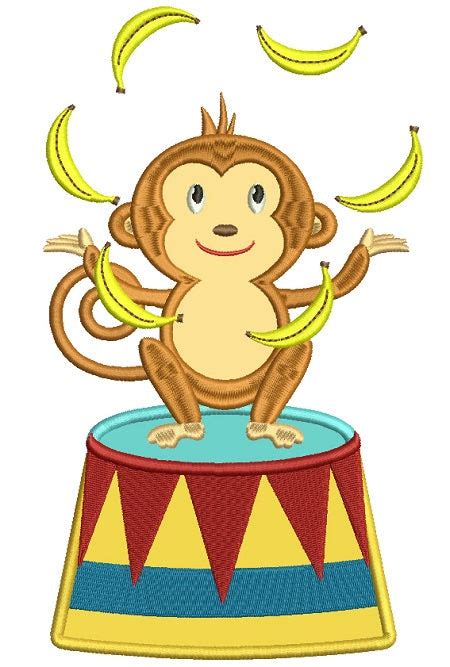 Circus Monkey Juggling Bananas Applique Machine Embroidery Design Digi