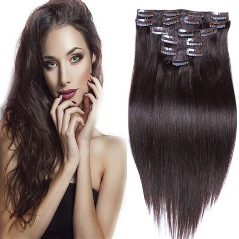 Real Remy Clip In Hair Extensions 7a Brazilian Straight Dark Brown Clip