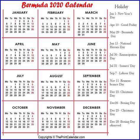 Calendar 2020 Bermuda Bermuda 2020 Yearly Printable Calendar