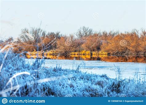 Autumn Landscape Frosty Morning By The River Western Siberia Stock