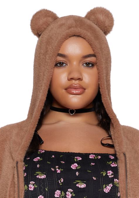 Delias Plus Size Faux Fur Bear Ear Crop Hoodie Brown Dolls Kill