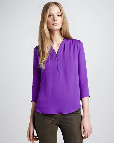Lyst Theory Silk Zip Blouse In Purple