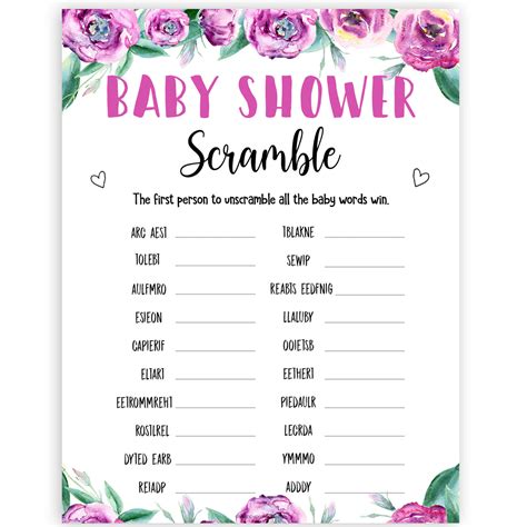 Baby Shower Word Scramble Purple Peonies Printable Baby Shower Games