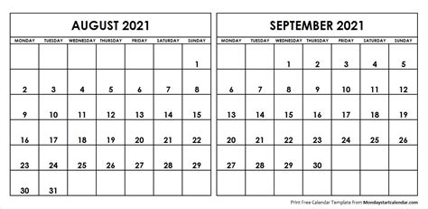 August And September 2021 Calendar 2021 Calendar