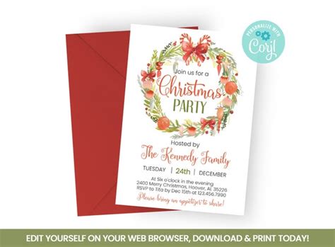Editable Christmas Party Invitation Hand Painted Floral Etsy