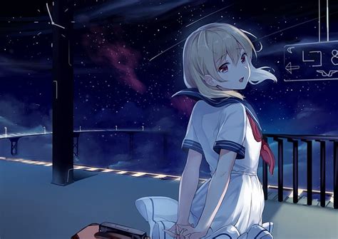 Hd Wallpaper Anime Girl Seifuku Blonde Smiling Stars Night Real