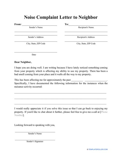 Noise Complaint Letter To Neighbor Template Download Printable Pdf