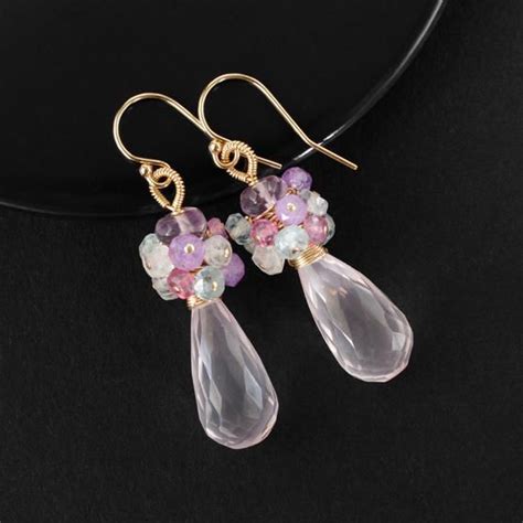 Rose Quartz Dangle Earrings Gemstone Earrings Multi Stone Cluster Earrings Birthstone Earrings ...