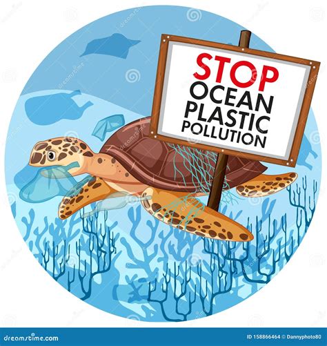 Poster Design With Sea Turtle Holding Stop Plastic Pollution Stock