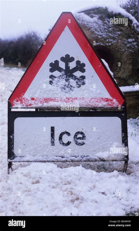 Warning Sign Of Icy Road Ahead Covered In Winter Snow Near Thirsk