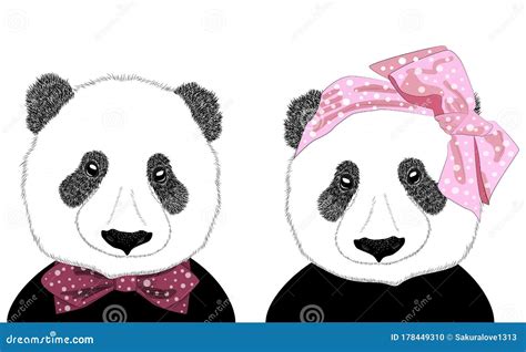 Hand Drawn Illustration Of The Head Of A Panda Girl With A Bow In The