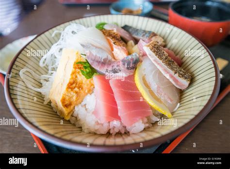 Japanese Raw Fish Selection Cut And Presented On A Long Plate Stock