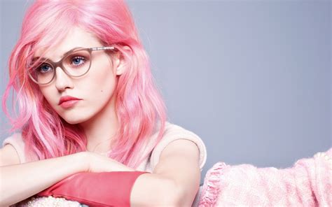 Wallpaper Face Model Dyed Hair Long Hair Women With Glasses Blue Eyes Black Hair Pink