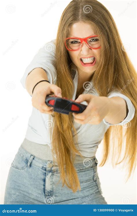Gamer Woman Holding Gaming Pad Stock Photo Image Of Entertainment