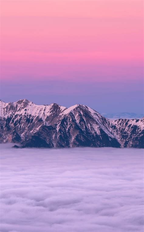 Mountain Peaks Fog And Pink Clouds Hd 8k Wallpaper