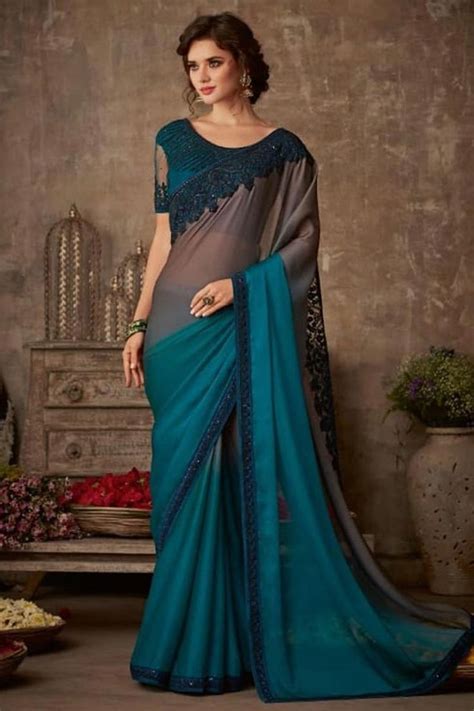 Teal Blue Chiffon Silk Saree With Banglori Silk Blouse In 2021 Chiffon Saree Party Wear