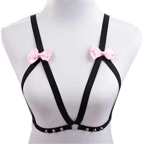 New Emo Kawaii Pink Bow Bra Cute Bondage Cage Top Rivet Body Harness