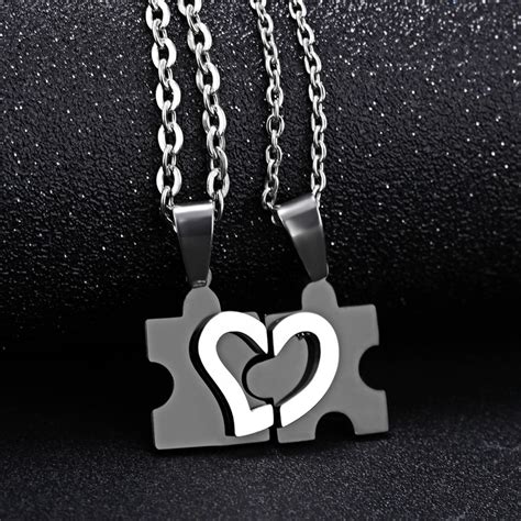 Puzzle Matching Heart Necklaces For Couples In Titanium