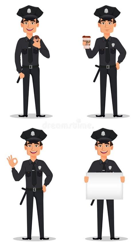 Police Officer Policeman Set Of Cartoon Character Cop Tired With A