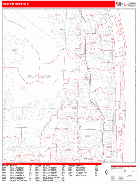 West Palm Beach Florida Zip Code Wall Map Red Line Style By Marketmaps