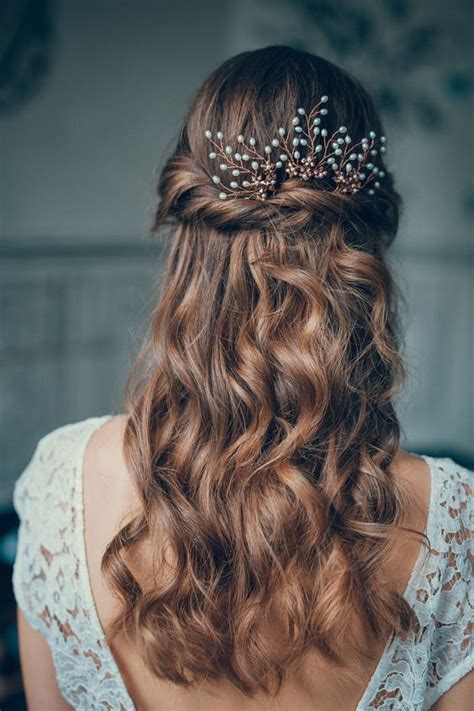 28 captivating half up half down wedding hairstyles brunette long hair with curls and berry
