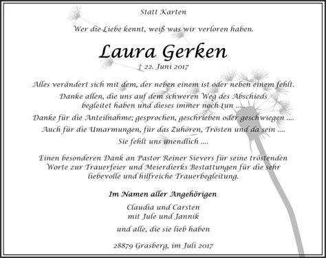 Traueranzeigen Von Laura Gerken Trauer And Gedenken