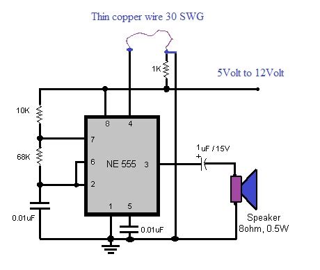 Lower resistor 5k in internal divider is connected to gnd (pin1) not to pin 7 !!!! Luggage Protector Circuit Using 555 Timer IC | Wiring Diagram