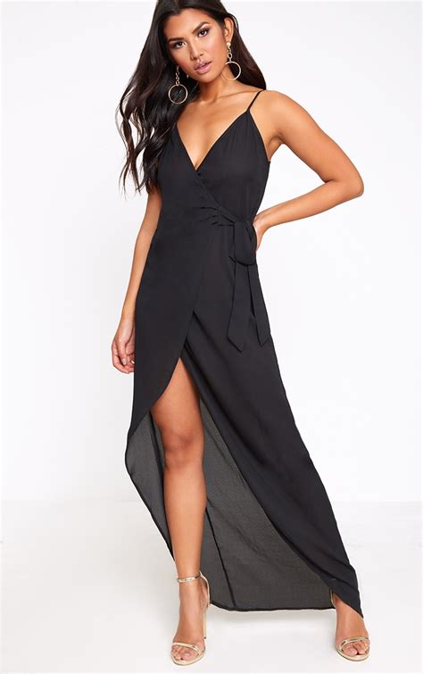Black Strappy Wrap Over Maxi Dress Dresses Prettylittlething