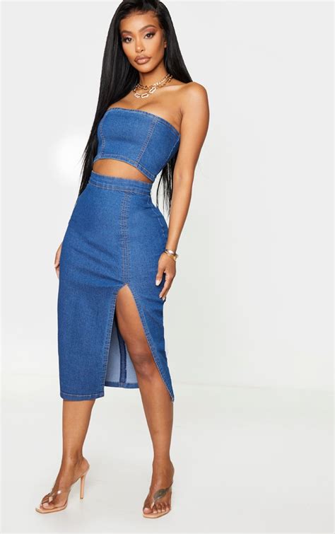 shape mid blue wash denim split front midi skirt prettylittlething usa