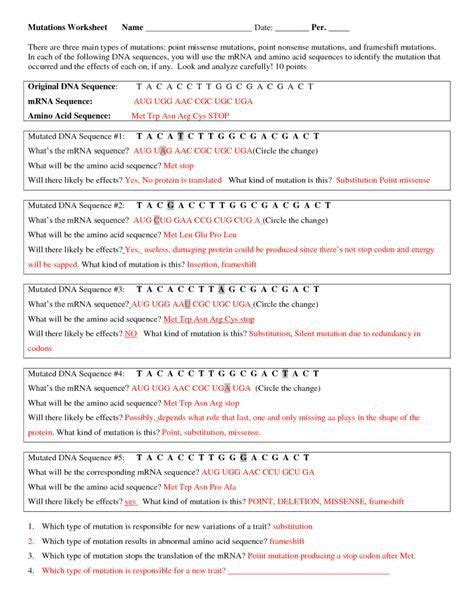 How does the ribosome know the sequence of amino acids to build? Dna Mutations Activity Worksheet Answers - worksheet