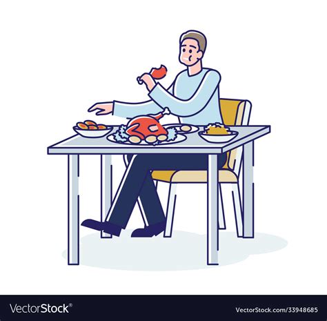 Hungry Man Eating A Lot Food In Disorder Vector Image