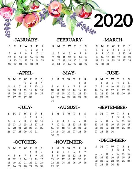 Calendar 2020 Year View Month Calendar Printable