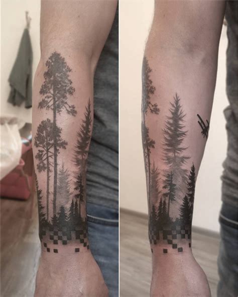 Realistic grey rope knot tattoo on forearm. Freshly done, black and gray trees on mans arm. Artist Janis Svars #pines #spruce #trees #wood # ...